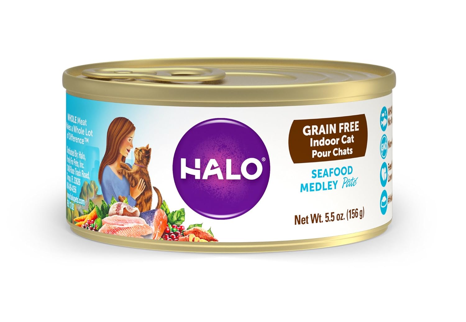 Halo Grain Free Natural Wet Cat Food, Indoor Seafood Medley Recipe, 5.5-Ounce Can 
